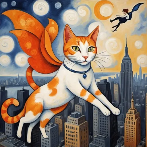 Prompt: Orange and white cat with dark haired fair skinned girl flying above new york in the style of a marc chagall painting
