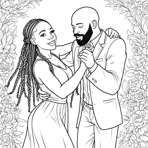 Prompt: black couple, bald man with beard dancing with woman with braids

