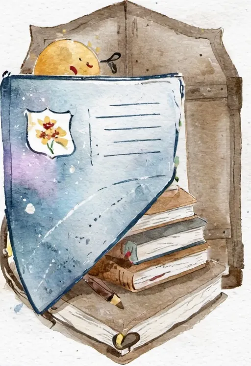 Prompt: a drawing of a shield with a book, a bell, a globe, a book, a pen, a flower, a book, a bell, a book, a pen and a bell, Ceferí Olivé, danube school, logo, a child's drawing