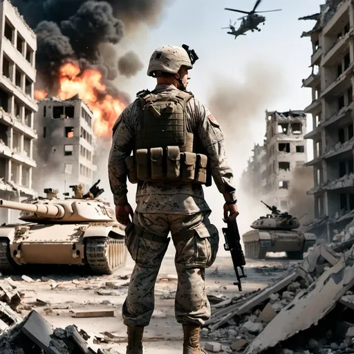 Prompt: A marine soldier in the middle of a destroyed city with tanks, fighter jets, and other soldiers fighting in the background  