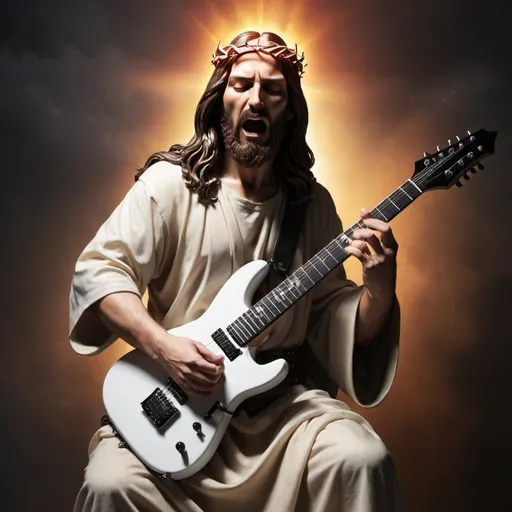 Prompt: Metal head Jesus Christ playing the electric guitar 