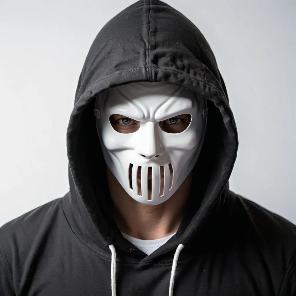 Prompt: A man with a black hoodie with the hood up, and a white mask with no facial features, and the man’s angry eyes showing through the mask eye holes, make sure the mask is just plain flat white, no details, and that there is no human skin visible but the eyes and the area around the eyes 