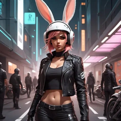 Prompt: female character design, who has a biker style, with a helmet with bunny ears in futuristic street style