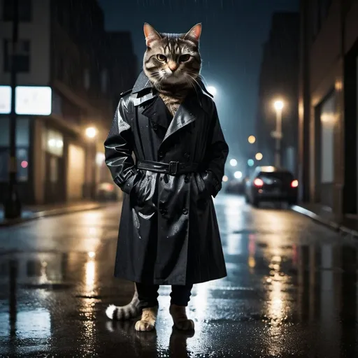 Prompt: a cat wearing a black trench coat at night standing on a dark city corner with rain and reflections. 