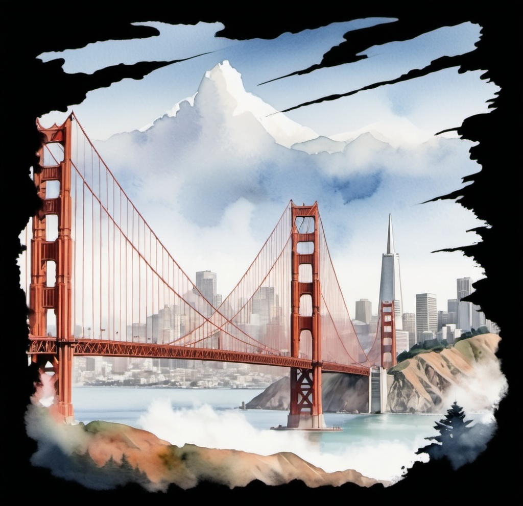 Prompt: Create a skyline of San Francisco watercolor style like this image and include City landmarks


