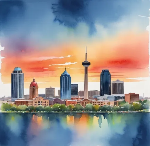 Prompt: Create a skyline of San Antonio in watercolor style and include landmarks like this image, without the text






