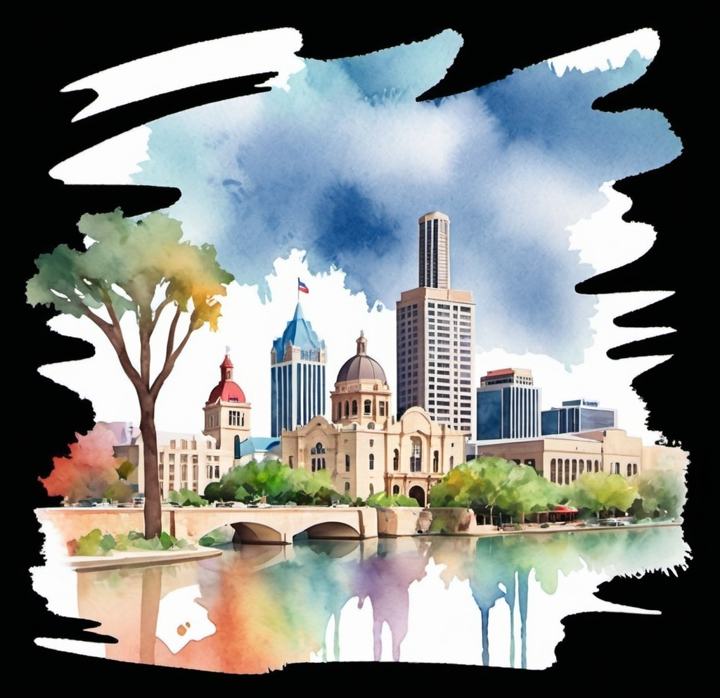 Prompt: Create a skyline of San Antonio, Texas  in the watercolor style like this image