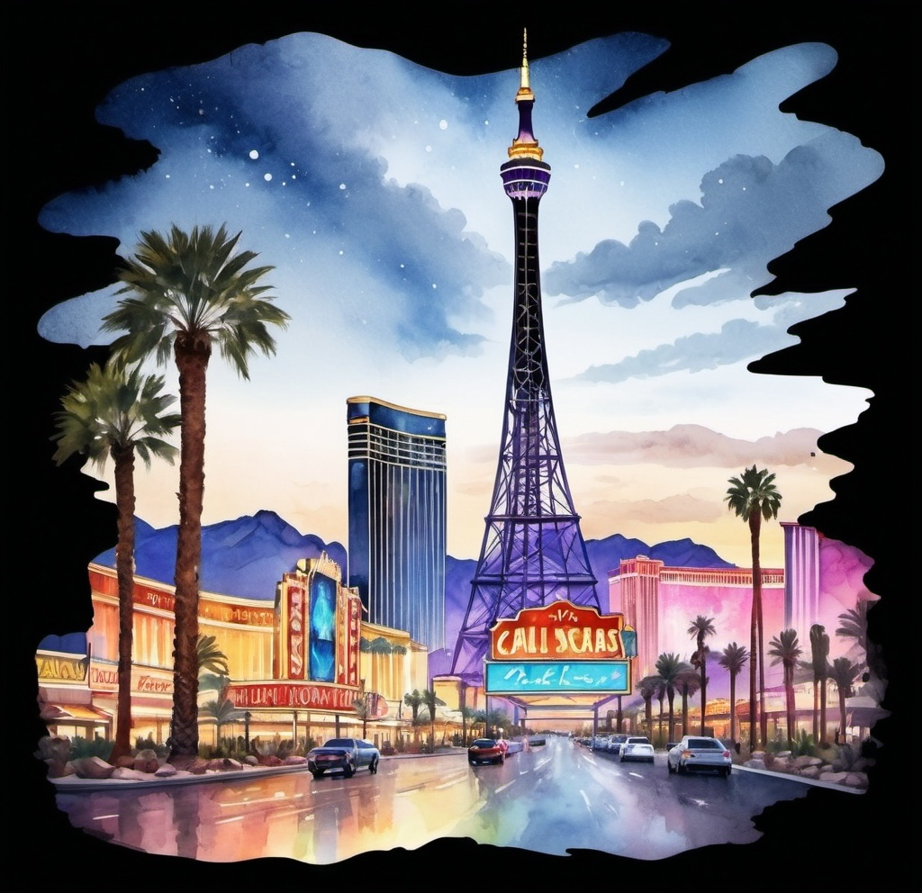 Prompt: Create a skyline of Las Vegas in the watercolor style like this image and include Las Vegas Casino
