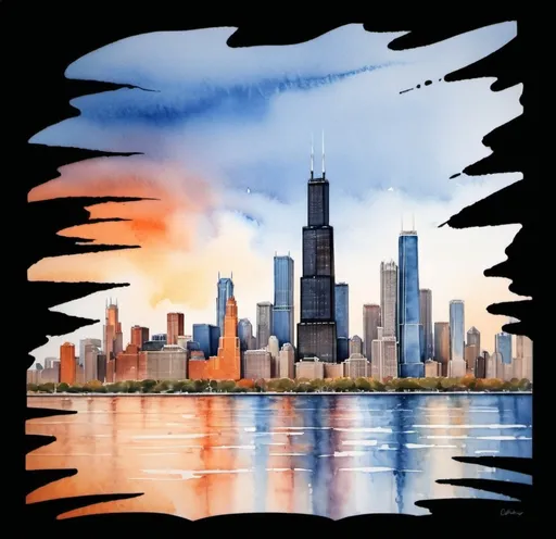 Prompt: Create a skyline of Chicago in watercolor 
like this image and include city landmarks





