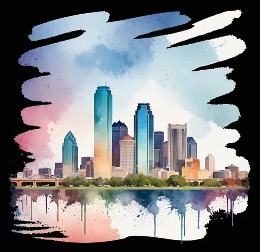 Prompt: Create a skyline of Dallas, Texas in the watercolor style like this image