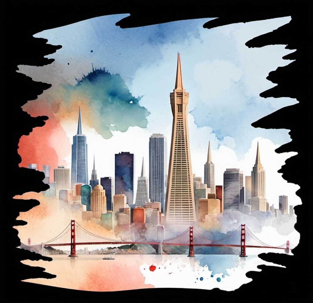 Prompt: Create a skyline of San Francisco watercolor style like this image and include City landmarks


