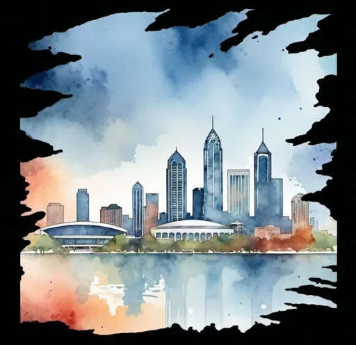 Prompt: Create a skyline of Atlanta n the watercolor style like this image and include Georgia Aquarium

