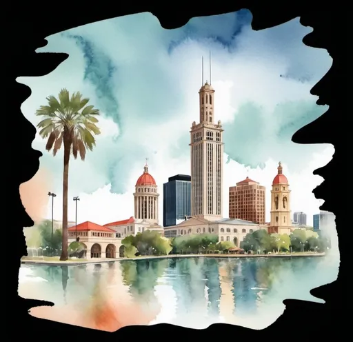 Prompt: Create a skyscraper of San Antonio, Texas watercolor style like this image and include city landmarks




