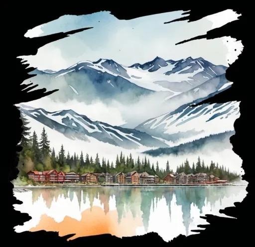 Prompt: Create a skyline of Whistler, Canada in the watercolor style like this image