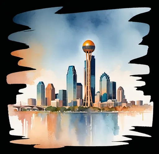 Prompt: Create a skyline of Dallas, Texas in the watercolor style like this image and include Reunion Tower
