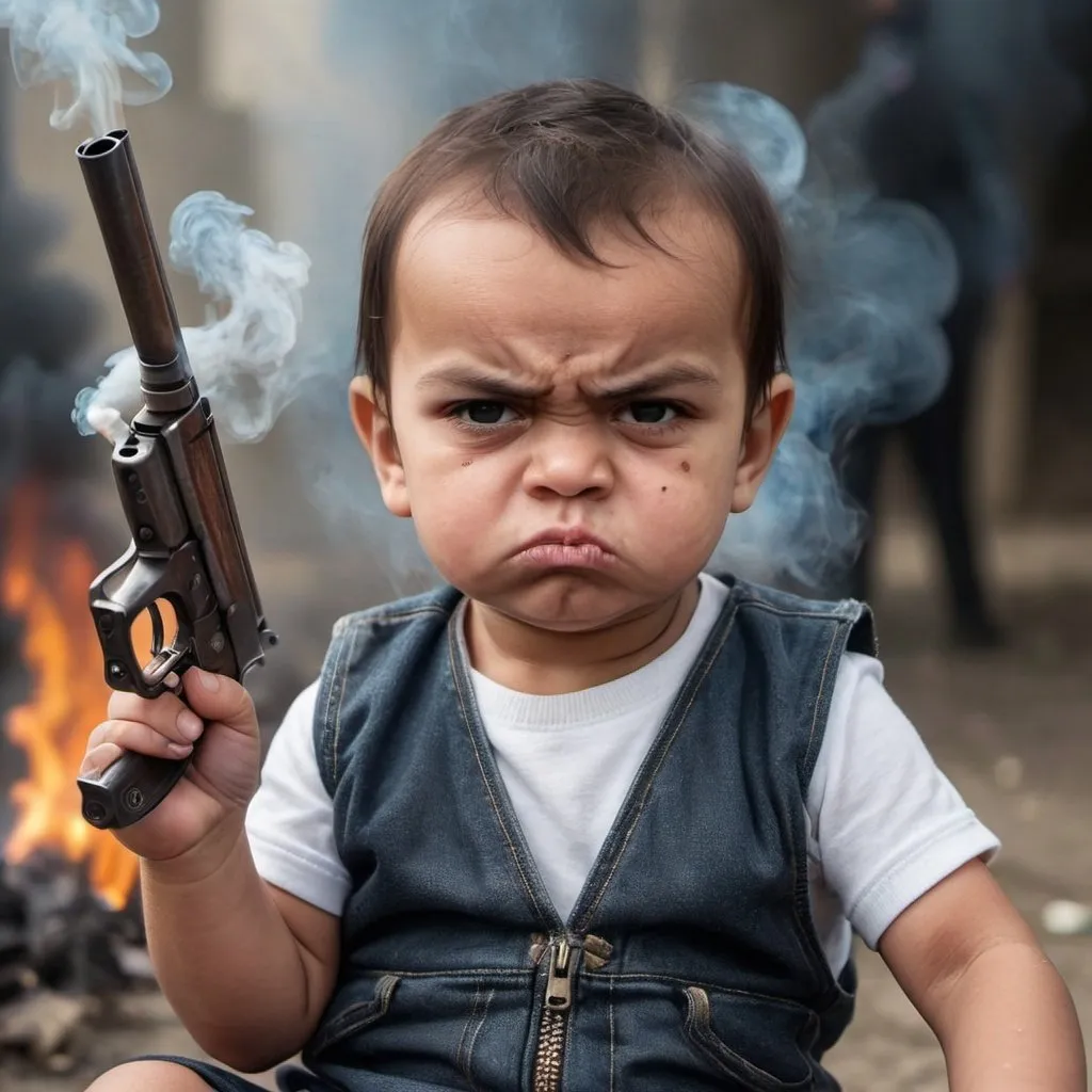 Prompt: a small babay with angery face and guns and too rich with smoking