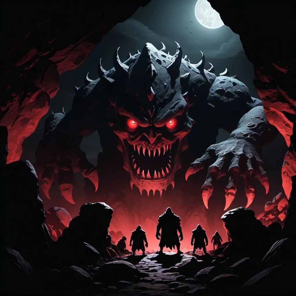 Prompt: Huge monsters lurking behind rocks, their big dark red eyes glowing in the darkness. Shadow figures of monsters appear from gaps in the rocks, as if they are watching or waiting to attack. The surroundings are very scary and ominous."