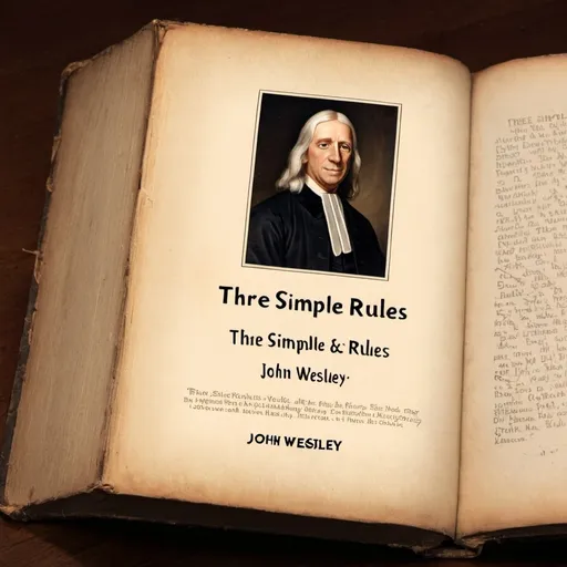 Prompt: Image of an old book with the title "Three Simple Rules" and author "John Wesley". 