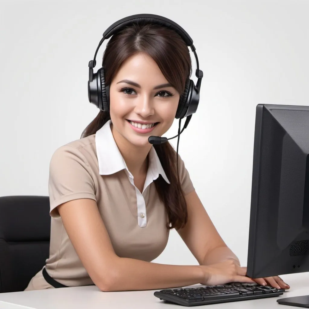 Prompt: Create a customer care lady with head phone and a computer with smiling face. no background