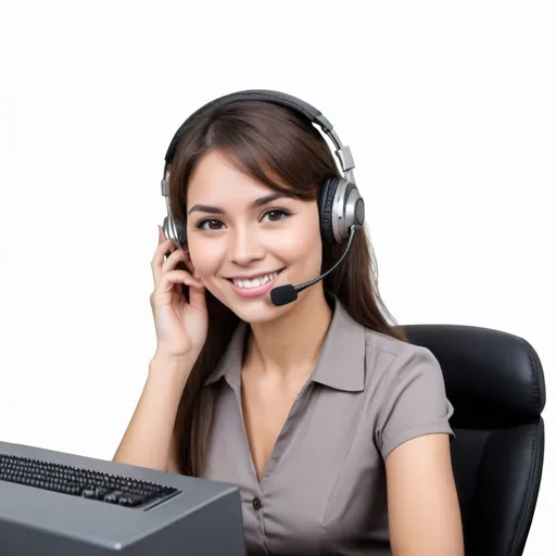 Prompt: Create a customer care lady with head phone and a computer with smiling face. no background