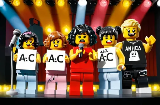 Prompt: a group of legos standing on a stage with lights behind them and a microphone in the background with a person holding a sign with the A,B,C's.  one girl has a microphone rapping and waving her hands. The other lego's are squating.