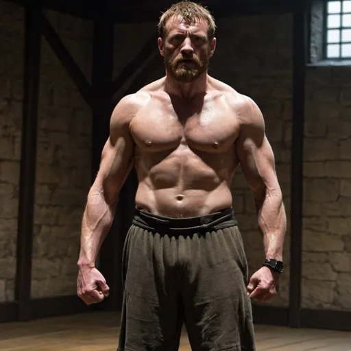 Prompt: Macduff from Macbeth but recently hit the gym but flexing his muscles