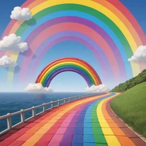 Prompt: An animated-cartoon of a straight rainbow road going way up into the sky over the top of the ocean that's 152 colors like Crayola crayons