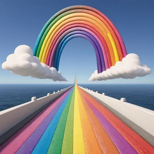 Prompt: An animated-cartoon of a straight rainbow road going way up into the sky over the top of the ocean that's 152 colors like Crayola crayons