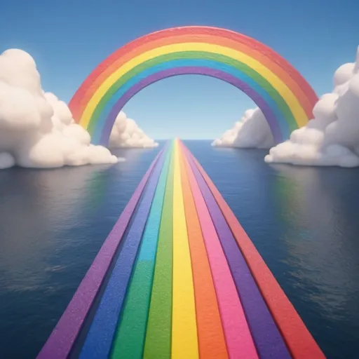 Prompt: An animated-cartoon of a straight rainbow road going way up into the sky over the top of the ocean that's 152 colors like Crayola crayons