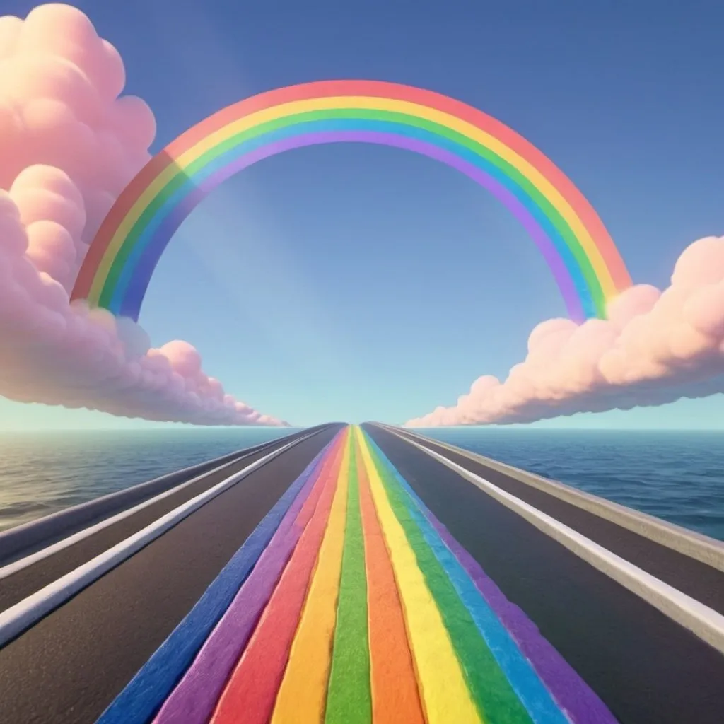 Prompt: An animated-cartoon of a straight rainbow road going way up into the sky over the top of the ocean that's 152 colors like Crayola crayons