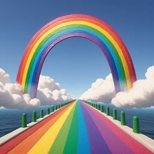 Prompt: An animated-cartoon of a straight rainbow road going way up into the sky over the top of the ocean that's 152 colors like Crayola crayons