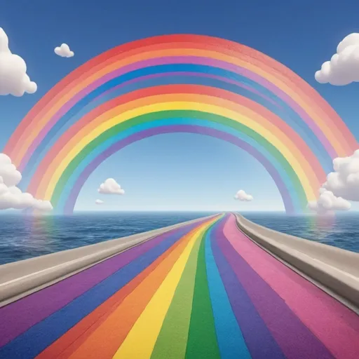 Prompt: An animated-cartoon of a straight rainbow road going way up into the sky over the top of the ocean that's 152 colors like Crayola crayons