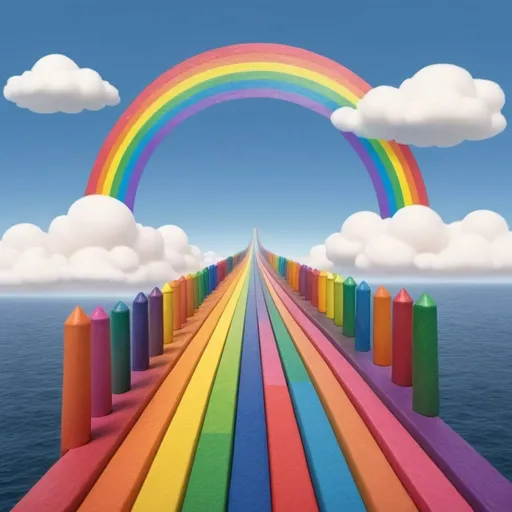 Prompt: An animated-cartoon of a straight rainbow road going way up into the sky over the top of the ocean that's 152 colors like Crayola crayons