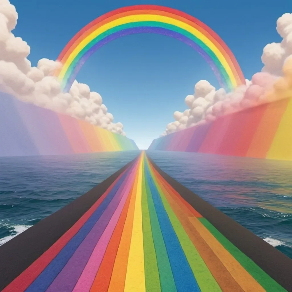 Prompt: An animated-cartoon of a straight rainbow road going way up into the sky over the top of the ocean that's 152 colors like Crayola crayons