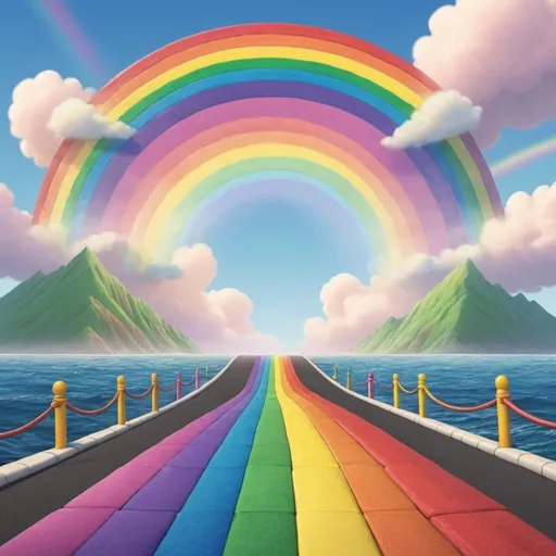 Prompt: An animated-cartoon of a straight rainbow road going way up into the sky over the top of the ocean that's 152 colors like Crayola crayons