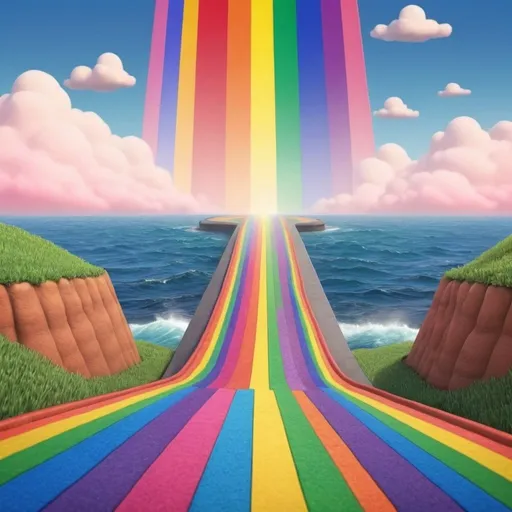 Prompt: An animated-cartoon of a straight rainbow road going way up into the sky over the top of the ocean that's 152 colors like Crayola crayons