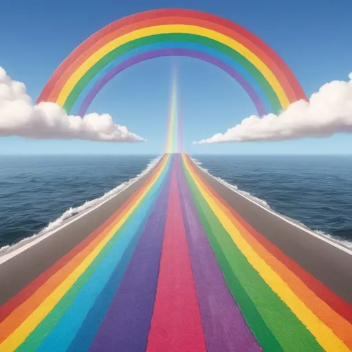 Prompt: An animated-cartoon of a straight rainbow road going way up into the sky over the top of the ocean that's 152 colors like Crayola crayons
