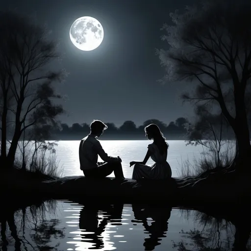 Prompt: please show 5 images of two lovers sitting in the moonlight in a bank of a river and reflecting their shadow