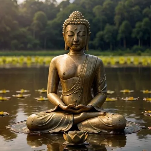 Prompt: Realistic image of Buddha meditating in a lotus field, detailed lotus flowers, serene atmosphere, high quality, realistic, traditional art style, peaceful color tones, soft lighting, detailed facial features, tranquil setting, holistic wellness theme, mindfulness, calm and relaxed vibe