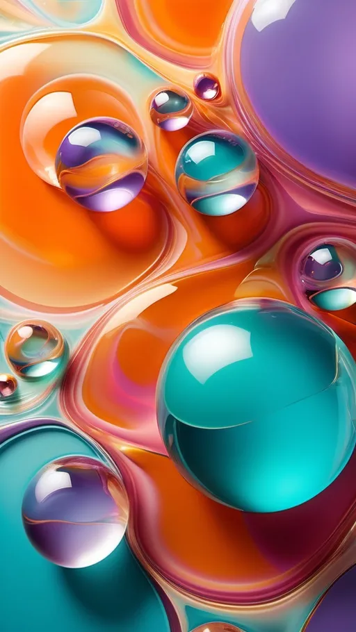 Prompt: Abstract artwork featuring fluid-like, transparent structures and translucent spheres with vibrant, creative color schemes. Each image uses a unique color combination for a dynamic visual effect. First image: tones of teal, gold, and soft lavender, resembling molten glass with prismatic reflections and metallic accents. Second image: deep orange, turquoise, and soft rose pink, adding depth and highlights. Third image: rich emerald green, maroon, and light silver tones for a sophisticated contrast. Each composition is set against gradient backgrounds that fade from emerald to navy, indigo to dusk pink, or gold to sapphire, with soft glow vignettes surrounding the main forms. Delicate cracks and ripples across the glassy surfaces add texture, enhancing the sense of movement and dimensionality