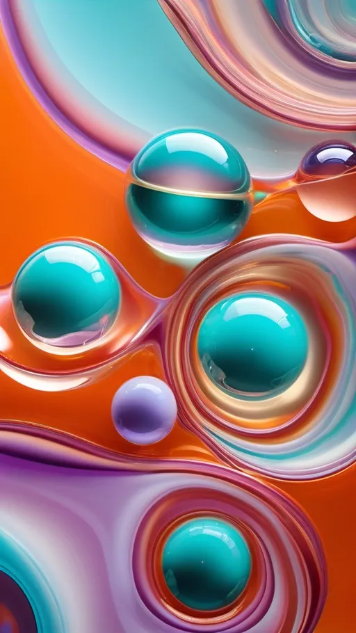 Prompt: Abstract artwork featuring fluid-like, transparent structures and translucent spheres with vibrant, creative color schemes. Each image uses a unique color combination for a dynamic visual effect. First image: tones of teal, gold, and soft lavender, resembling molten glass with prismatic reflections and metallic accents. Second image: deep orange, turquoise, and soft rose pink, adding depth and highlights. Third image: rich emerald green, maroon, and light silver tones for a sophisticated contrast. Each composition is set against gradient backgrounds that fade from emerald to navy, indigo to dusk pink, or gold to sapphire, with soft glow vignettes surrounding the main forms. Delicate cracks and ripples across the glassy surfaces add texture, enhancing the sense of movement and dimensionality