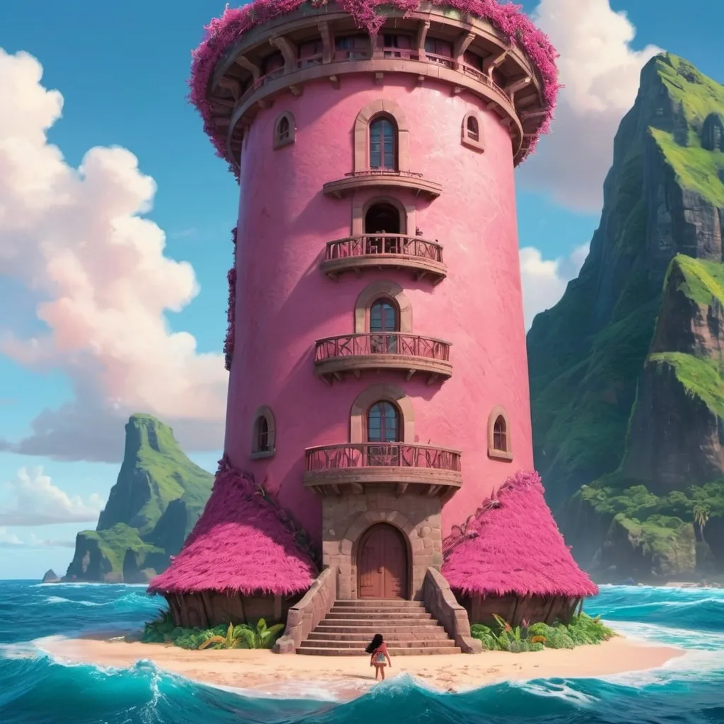 Prompt: Moana, but in a tower in the ocean, and the ocean is pink
