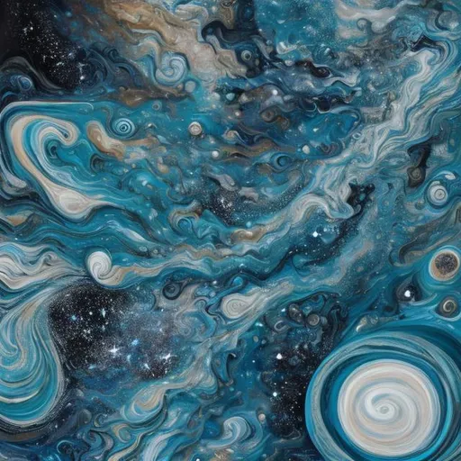 Prompt: surreal painting of stars and planets, blue, teal, silver, abstract swirls