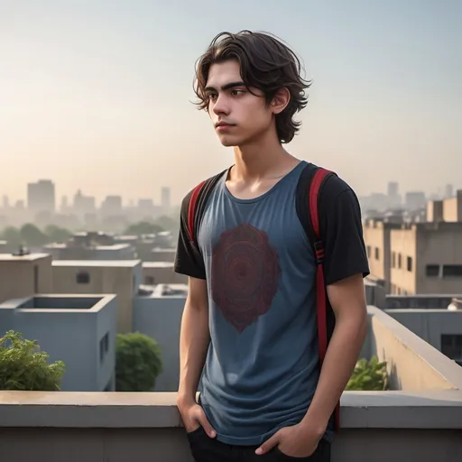 Prompt: Bathed in a soft, muted light of early morning, a young man stands confidently on a rooftop, surrounded by the hazy outlines of distant buildings and greenery. His wavy dark hair frames a serious expression, accentuated by his casual black shirt patterned with decorative designs and a hint of red beneath it, revealing a youthful style. Blue earbuds dangle from his ears, suggesting he is immersed in music or a conversation, while his gaze is directed slightly off-camera, lending an air of introspection. The concrete rooftop surface hints at urban living, contrasting with the soft pastel sky that looms above, capturing the essence of a tranquil yet vibrant moment in the city.