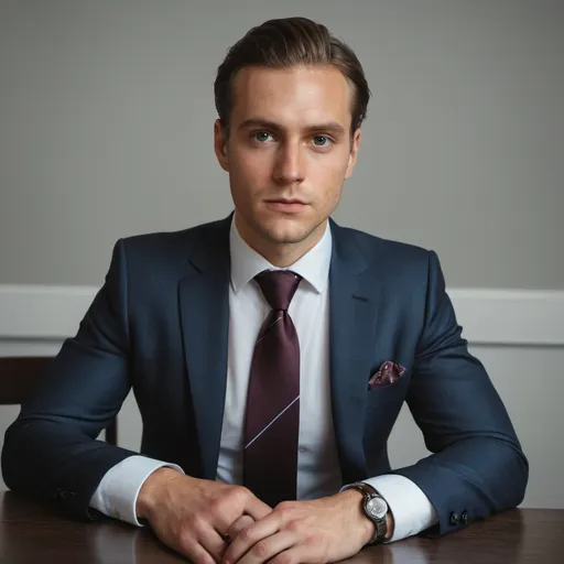 Prompt: a man in a suit sitting at a table with a tie on his lapel and looking at the camera,  handsome, a picture