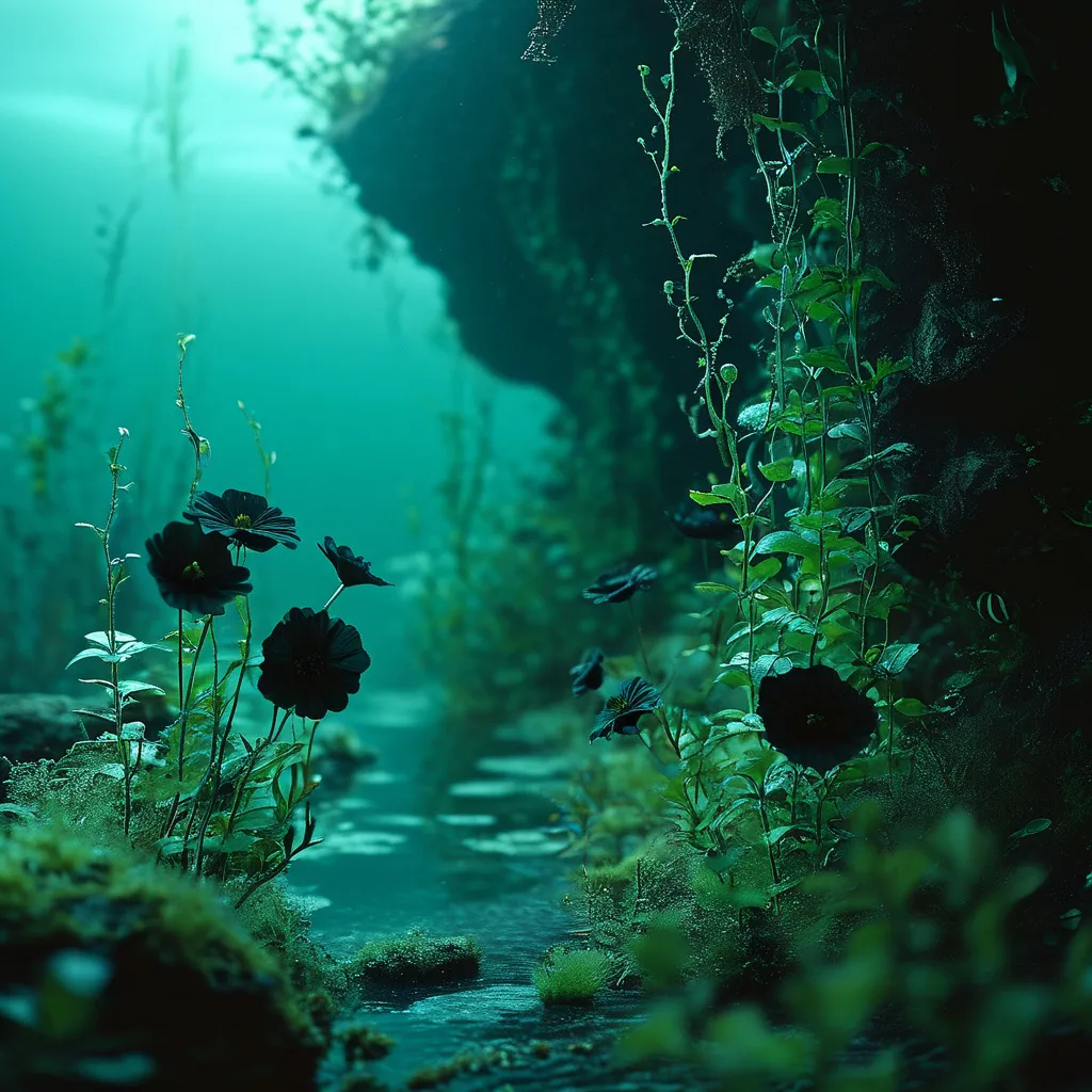 Prompt: creepy mood, underwater, plants, green, black, black flowers