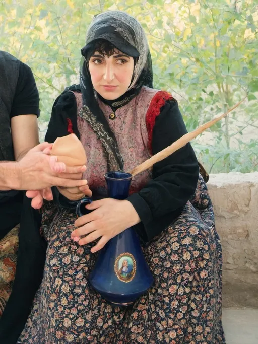 Prompt: a woman in a dress holding a blue vase and a man in a black shirt and hat are sitting down, Ayshia Taşkın, qajar art, woman, a stock photo