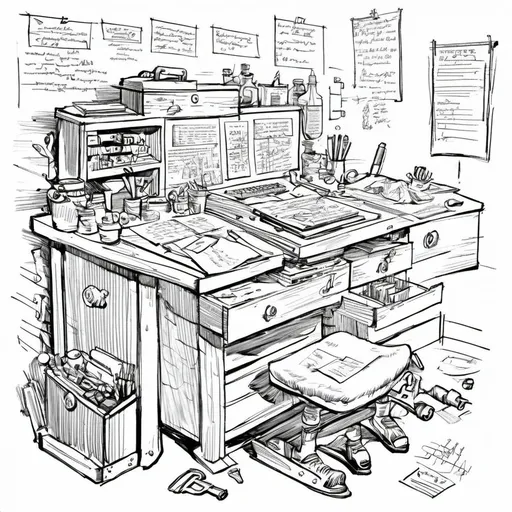 Prompt: a basement, containing a desk with drawers. On top of the desk are blueprints and tools with various notes. There is also a small lockbox on  the desk