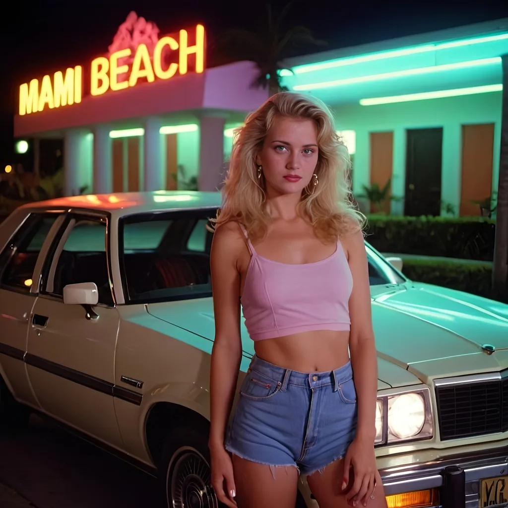 Prompt: Beautiful blonde woman beside car 1980s vibe neon light miami beach long shot