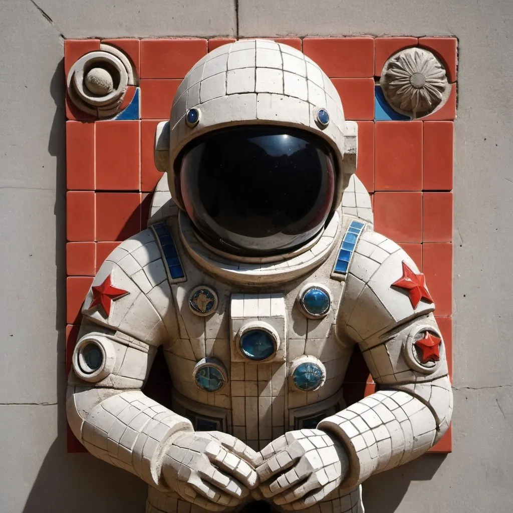 Prompt: Soviet concrete astronaut sculpture with   tiles